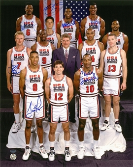 1992 Dream Team Multi Signed 16x20 Team USA Mens Basketball Group Photo With 7 Signatures (Schwartz & Steiner)